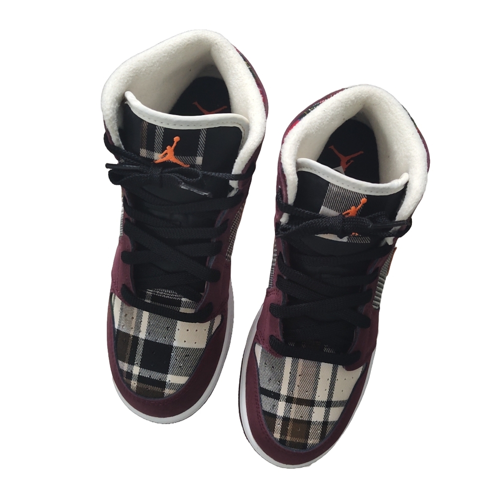 Nike Air Jordan size 5.5Y orange, maroon, black and white.